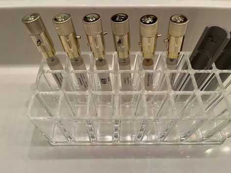 Travel Perfume Storage, Rollerball Perfume Storage, Scentbird Organization, Clear Acrylic Makeup Organizer, Perfume Organizer, Controlled Chaos, Perfume Storage, Space Organization, Perfume Display