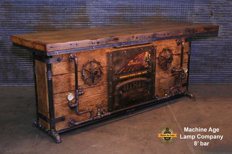 Steampunk Industrial / Bar / Barnwood / Hostess Stand / Large 8' Table / Pub / #3100 / H101,5 x L244 x P91,5 cm | Machine Age Lamps - 8499,99 $ Steampunk Room Decor, Steampunk Bar, Steampunk Rooms, Steampunk Kitchen, Hostess Stand, Steampunk Table, Steampunk Furniture, Door Table, Diy Home Bar