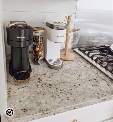 Coffee Bar With Two Coffee Makers, White Keurig In Kitchen, Keurig Coffee Station Aesthetic, Coffee Station Keurig, K Cup Coffee Station, Mini Keurig Coffee Station, White Coffee Maker, Nespresso And Keurig Station, Small Office Coffee Station