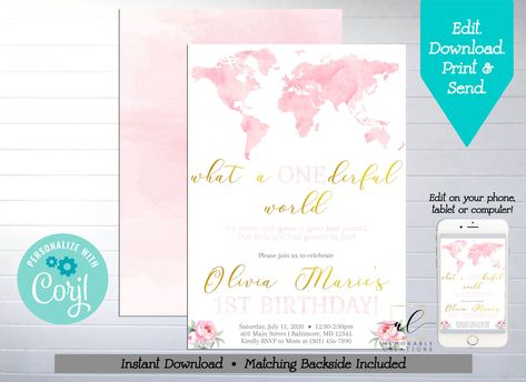 What A Onederful World Birthday, Diaper Raffle Tickets, Birthday Chalkboard, Watercolor Map, Birthday Printables, Girl First Birthday, Birthday Invite, Printed Invitations, Time Capsule