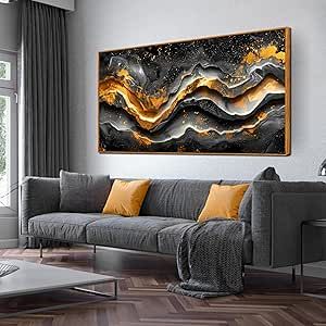 CANEITO Abstract Wall Art for Living Room, Black and Gold Canvas Wall-Decor for Bedroom, Rock Print Paintings for Home, Large Size 30x60 Inches Living Room Black And Gold, Gold Framed Wall Art, Paintings For Home, Black And Gold Lion Painting, Living Room Black, Gold Frame Wall, Interior Wall Decor, Gold Canvas, Room Black