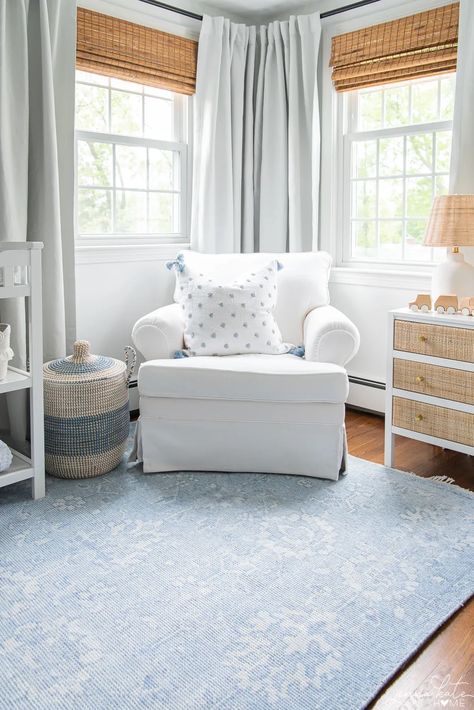 Coastal inspired baby boy nursery filled with touches of blue and white. See how even a small space can have big design impact. Hamptons Style Nursery, Coastal Blue Nursery, Beach Cottage Nursery, Coastal Boys Nursery, Shades Of Blue Nursery, Coastal Grandma Nursery, Coastal Chic Nursery, Coastal Farmhouse Nursery, Grandmillenial Boys Nursery