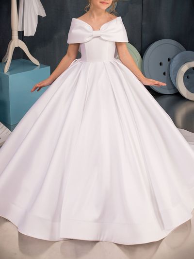 Ball-Gown/Princess Short Sleeves Satin First Communion Dresses Flower Girl Dresses Girls Birthday Dresses Sweep Train Bow Ivory #227244 - lalamira White Dress For Kids Girl, White Dresses For Kids, White Dress For Kids, Satin Princess Dress, Princess Dresses Kids Ball Gowns, Flower Girl Dresses White, Kids Wedding Dress, Girls Birthday Dresses, Comunion Dress