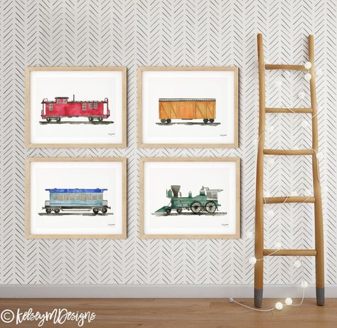 Set of 4 Train Prints Steam Locomotive Print Railroad Car | Etsy Train Bedroom, Train Caboose, Car Room Decor, Train Nursery, Train Wall Art, Car Room, Oil Portraits, Train Decor, Train Room