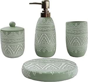 Hymmah Green Bathroom Accessories Set,Farmhouse Bathroom Decor,4 Pcs Resin Gift Set Apartment Necessities, Contain Cotton Swab Jar,Soap Dispenser,Tumbler，Soap Dish/Tray Bathroom Sets Bath Accessories, Luxury Bathroom Accessories Set, Farmhouse Bathroom Accessories, Apartment Necessities, Green Bathroom Accessories, Bathroom Accessories Luxury, Bathroom Accessories Set, Bathroom Accessory Sets, Bath Storage