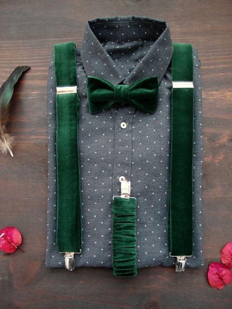 Sam Haircut, Mens Suspenders Outfit, Wedding Accessory For Men, Suspenders Fashion, Wedding Suspenders, Suspenders And Bow Tie, Dark Green Wedding, Grey Suspenders, Bridal Party Outfit