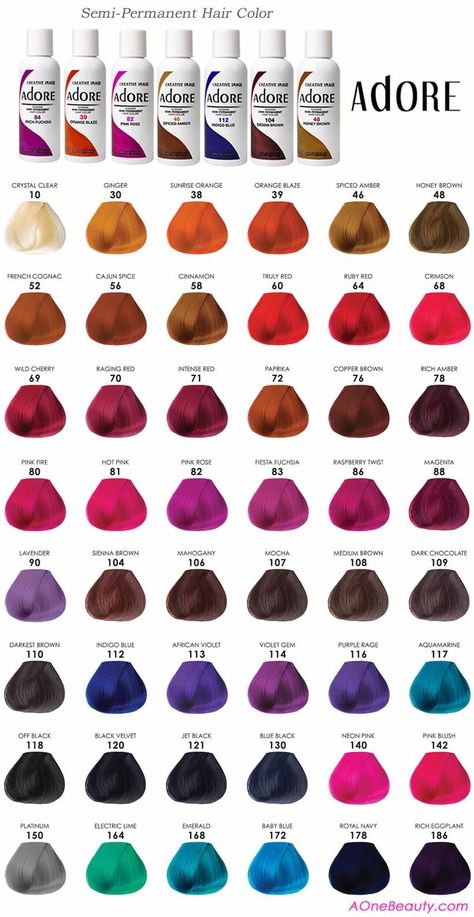 Hair Dye Color Chart, Adore Hair Dye, Hair Color Names, Hair Color Swatches, Hair Dye Brands, Hidden Hair Color, Color Ideas For Short Hair, Best Hair Dye, Dyed Hair Purple