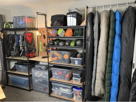 Store Camping Gear, Gear Room Organization, Outdoor Gear Organization, Outdoor Gear Storage, Camping Gear Organization, Camping Gear Storage, Adventure Room, Garage Storage Inspiration, Armoire Entree