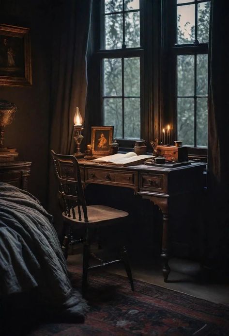 Gloomy House Interior, Moody Victorian Office, Dark Academia Foyer, Fireplace Dark Academia, Dark Edwardian Aesthetic, Romantic Goth Apartment, Dark Academia Gallery Wall Ideas, Dark Rustic Decor, Gothic Study Aesthetic