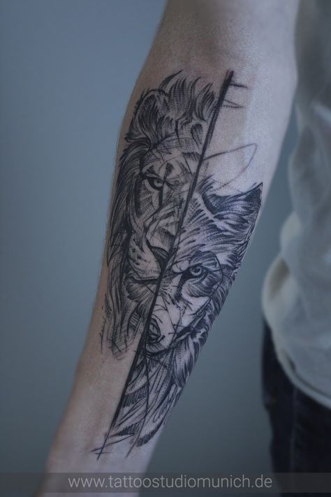 Wolf And Lion Tattoo, Munich Tattoo, Fox Tattoo Men, Wolf And Lion, Lion Leg Tattoo, Geometric Wolf Tattoo, Best Leg Tattoos, Tattoo Wolf, Wolf Tattoo Sleeve