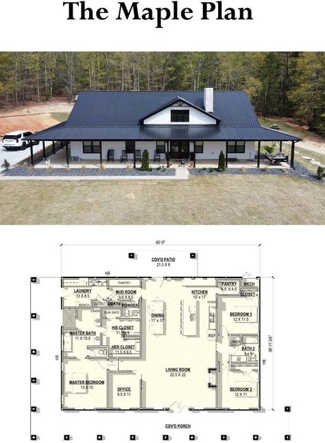 The Maple Plan Barndominium, Barnaminium House Interior, Barndominium Single Story, Barndominium Floor Plans 2000 Sq Ft, Metal Building House Plans, Metal House Plans, Barn Homes Floor Plans, One Story House, Barn House Design