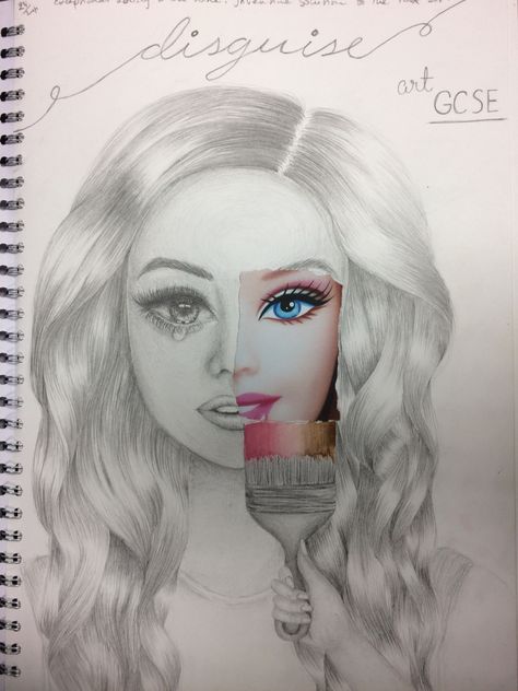 Conceal Reveal Art Gcse, Disguise Art Gcse, Celebrity Gcse Art, Beauty Standards Art, Fame Ideas, Disguise Art, Catholic High School, Beauty Drawings, Gcse Art Sketchbook