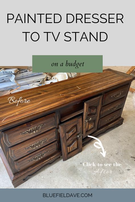 Dresser To Entertainment Center Diy, Dressers Into Tv Stands, Dresser As Entertainment Center, Dressers For Tv Stand, Buffet As Tv Stand In Living Room, Diy Tv Stand From Dresser, Old Dresser To Tv Stand, How To Turn A Dresser Into A Tv Stand, Dresser Into Tv Stand Diy