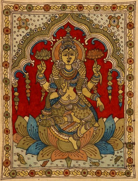 Arch lakshmi Kalamkari Goddess Painting, Kalamkari Art, Drawing Steps, Kalamkari Print, Lakshmi Devi, Kerala Mural Painting, Kalamkari Painting, Butterfly Cake, Pooja Room Design