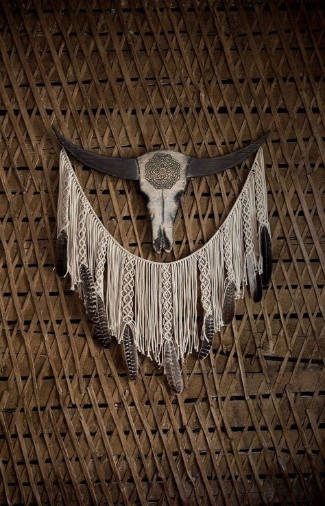 Wood Cow, Cow Skull Decor, Macrame Wall Hanging Large, Southwestern Decor, Western Wall Art, Metal Tree Wall Art, Western Wall, Yarn Wall Hanging, Large Macrame Wall Hanging