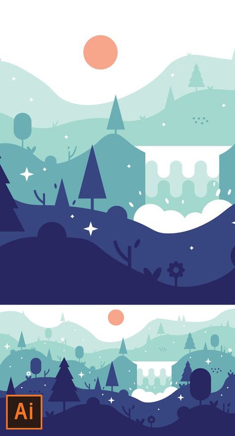 Illustrator Tutorial - Waterfall Landscape Flat Design (Illustrator Flat Design Tutorial) Landscape Flat Design, Illustrator Illustration Vector, Illustrator Drawing Vector, Illustration On Illustrator, Flat Illustration Tutorial, Simple Adobe Illustrator Art, Flat Landscape Illustration, Vector Illustration Background, Vector Illustration Styles