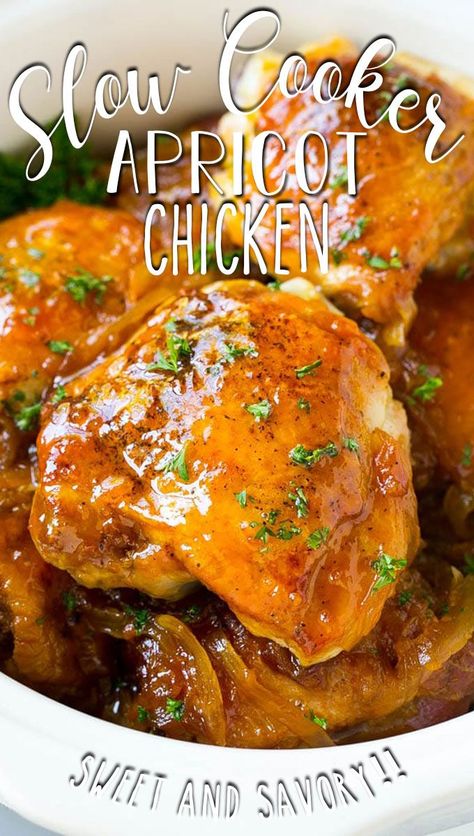 This slow cooker apricot chicken recipe is tender chicken thighs in a delicious sweet and savory sauce made with apricot jam, soy and ginger. Apricot Crockpot Chicken, Chicken Thighs With Apricot Preserves, Slow Cooker Chicken And Sweet Potatoes, Apricot Preserves Chicken, Chicken Apricot Preserves Recipe, Recipes With Apricot Jam, Apricot Jam Chicken, Chicken Thighs In Crockpot, Apricot Chicken Thighs