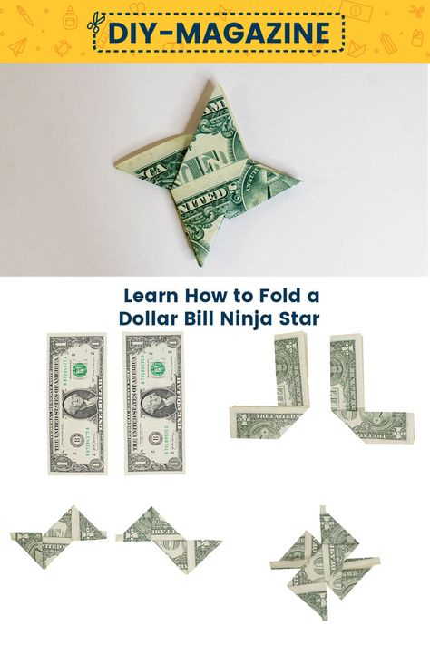 How to Make a Ninja  Star out of a Dollar Bill Origami Dollars, Dollar Folding, Origami Shuriken, Money Star, Cool Origami, Paper Ninja Stars, Python Language, Money Folding, Folded Money