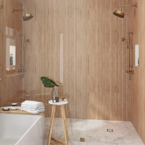 Slat Wall Tile, Wood Tile Shower, Wood Tile Bathroom, Natural Bathroom, Wood Slat Wall, Wood Look Tile, Bathroom Spa, Wood Bathroom, Bath Room