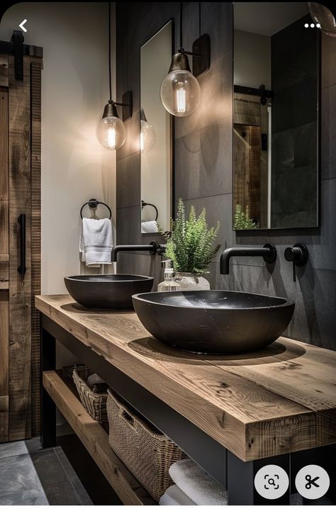 Dark Interior Design Bathroom, Mountain Modern Half Bath, Bathroom Cabinet Ideas Diy, Boho Dark Bathroom, Mountain Home Bathrooms, Two Sinks Bathroom Ideas, Black Bathroom Inspiration, Two Person Bathroom, Toilet Decoration Ideas