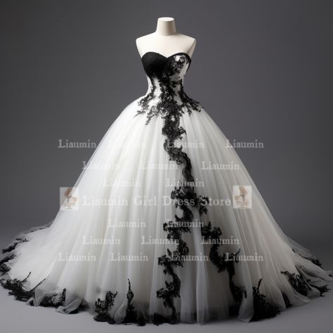 Romantic Gothic Wedding Dress, Wedding Dress With Black Accents, White Goth Dress, Black And White Wedding Dress, Black White Wedding Dress, Black Bridal Dresses, Goth Wedding Dresses, Black Wedding Gowns, Grey Wedding Dress