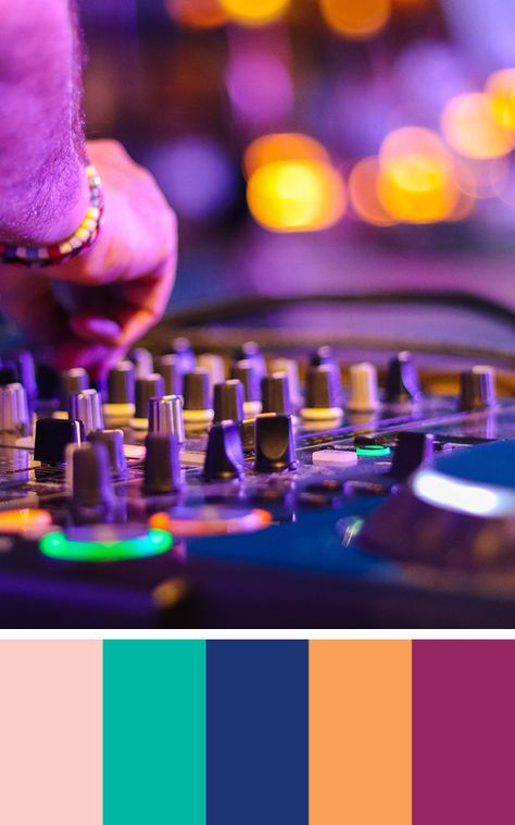 Party time! Lights and DJ make a fun and fresh color palette. Festive Colour Palette Indian, Music Colour Palette, 90s Hip Hop Color Palette, Musical Color Palette, Music Festival Color Palette, Festival Colour Palette, Music Color Palette, Festival Color Palette, Jazz Colors