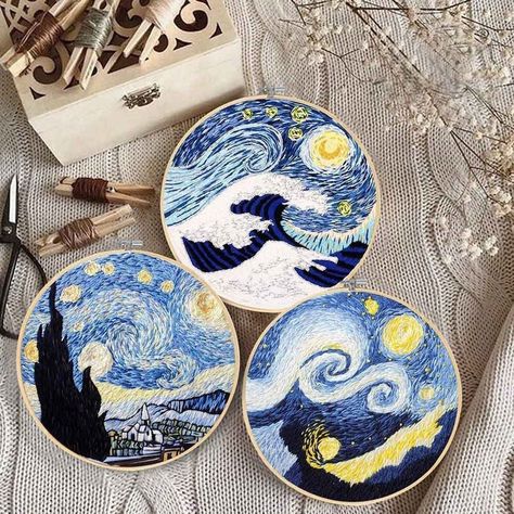 Starry Night Embroidery, Night Embroidery, Sky Embroidery, Modern Embroidery Kit, Diy Embroidery Kit, Diy And Crafts Sewing, Hand Embroidery Kit, Starry Night Van Gogh, Diy Stamp