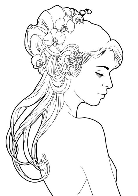 A simple line art inspired from mucha. Here is the colored piece : and the original picture: Art Nouveau Mucha, Mucha Art, Art Nouveau Illustration, Flowers In Her Hair, Mermaid Coloring Pages, Desenho Tattoo, Mermaid Coloring, Coloring Pages For Girls, Coloring Book Pages