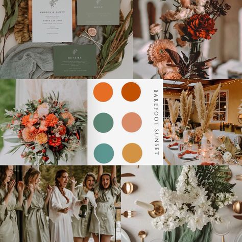 warm summer wedding color pallete 3 Color Wedding Palette, Summer Colours Wedding, Burnt Orange Weddings Summer, Unusual Wedding Color Schemes, Late March Wedding, Botanical Wedding Theme Color Palettes, Terracotta Color Palette Wedding Summer, Late Summer Colour Palette, Summer Farm Wedding Colors