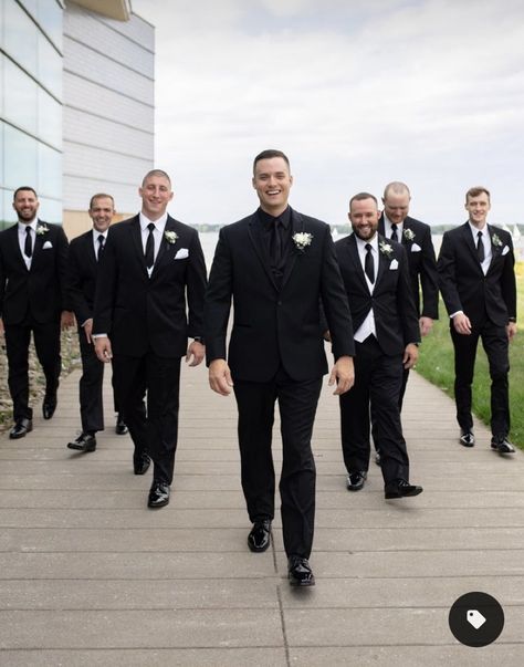 Groom In All Black Suit, Groomsman All Black Suits, Groom And Groomsmen Attire Black Tuxedos, Groomsmen Black Tux With Tie, Black White Groomsmen Attire, Groom Outfit All Black, Black Suit Bridal Party, Bridal Party Black Suits, Groomsmen In All Black Suits