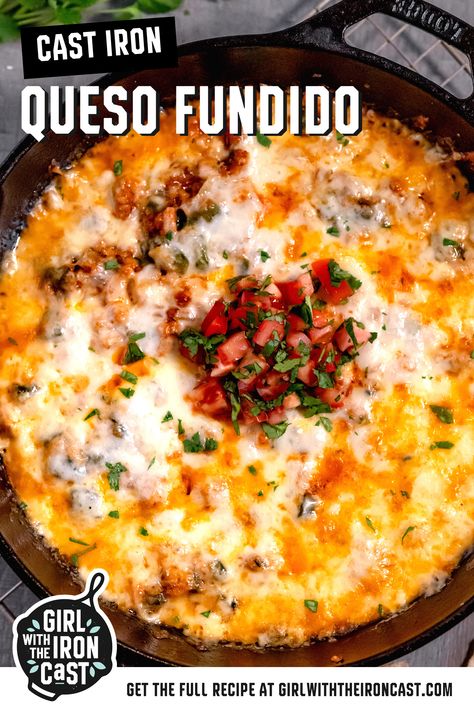 This cast iron skillet queso fundido with Oaxaca cheese, Monterey Jack, roasted poblano pepper, and Mexican chorizo, is the ultimate party dip. This easy queso fundido recipe only has 4 ingredients, but is packed full of flavor. Skillet Queso, Queso Fundido Recipe, Fundido Recipe, Easy Queso, Poblano Pepper, Roasted Poblano Peppers, Roasted Poblano, Mexican Chorizo, Oaxaca Cheese