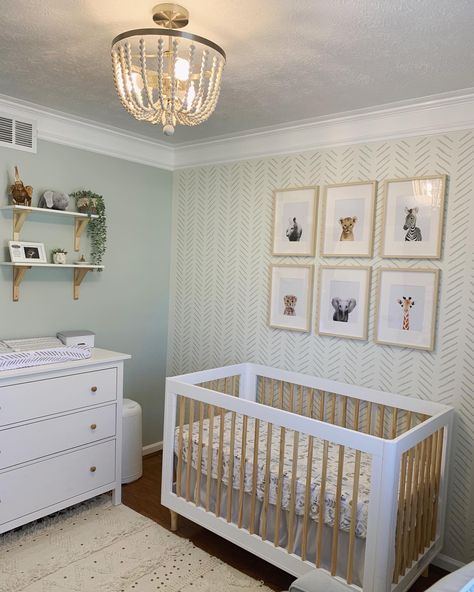 Gender Neutral Animal Nursery, Animal Gender Neutral Nursery, Gender Neutral Nursery Ideas Green, Statement Wall Nursery, Animal Themed Nursery Neutral, Nursery Ideas Animal Theme, Boy Nursery Animal Theme, Green Animal Themed Nursery, Animal Theme Nursery Boy