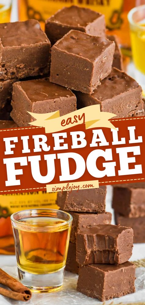 Easy Fireball Fudge Recipe, chocolate dessert ideas, no bake desserts Candy With Alcohol, Fireball Brownies, Recipes With Fireball Whiskey, Fireball Fudge Recipe, Alcohol Candy Recipes, Fireball Balls, Fireball Gift Ideas, Whiskey Fudge, Fireball Fudge