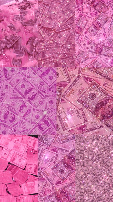 A collage of pink glitter aesthetic photos of money Pink Money Aesthetic Wallpaper, Pink Money Aesthetic, Lockscreen Wallpaper Pink, Money Collage, Money Aesthetic Wallpaper, Glitter Filter, Gojo Wallpaper, Pink Money, Waves Wallpaper Iphone