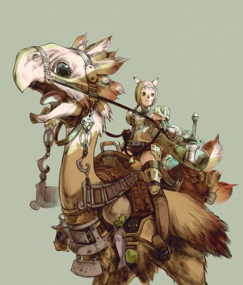 Mithra on Chocobo Chocobo Art, Ffxiv Chocobo, Cactuar Final Fantasy Art, Seregios Monster Hunter Art, Monster Hunter Seregios, Final Fantasy Xi, Final Fantasy Art, Animal Ears, Creature Concept Art