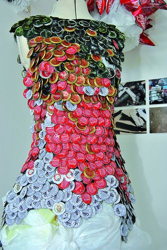 Bottle Cap Dress | by Lancaster & Morecambe College News Paper Dress, Dresses Made From Recycled Materials, Style A Leather Jacket, Recycled Outfit, Eco Dresses, Fashion Costume Halloween, Wineries Outfit, Recycled Dress, Leather Jacket Men Style