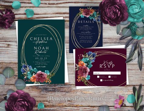 Jewel Tone Dark Teal Plum Navy Blue Floral Gold Fall Wedding Invitation Suite Oval Frame Gold Print Shimmery Personalize Printed Envelope Jewel Tone Wedding Invites, Jewel Tone Fall Wedding, Gold Fall Wedding, Fall Wedding Invitation Suite, Invite Envelope, Middle Names, Jewel Tone Wedding, Custom Matches, Teal Wedding