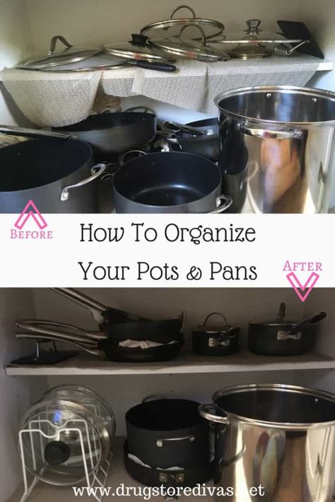 How To Organize Pots and Pans In Your Kitchen - Making Manzanita How To Organize Pots And Pans In Cabinet, Organizing Pots And Pans In Cabinet, Pots And Pans Organization, Pans Organization, Organize Pots And Pans, Cookware Organization, Pot And Pans Organization, Pan Storage, Pot Lid Organization