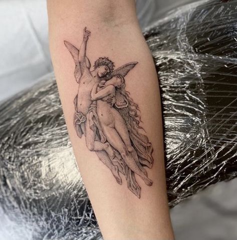 Cupid And Psyche Tattoo, Roman Art Tattoo, Classical Art Tattoo, Venus Tattoo, Rose Drawing Tattoo, Cherub Tattoo, Statue Tattoo, Tattoos For Lovers, Religious Tattoos