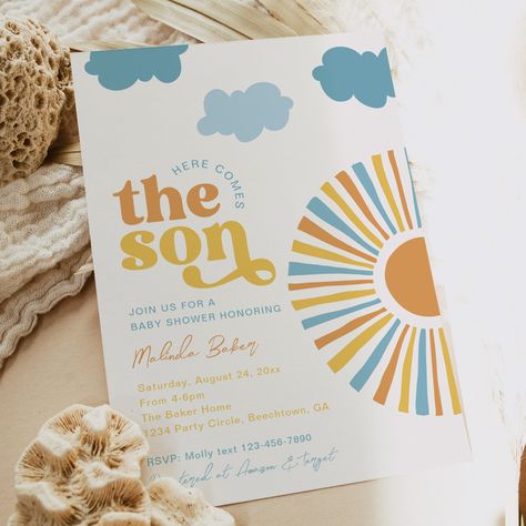 Here Comes The Son, Sunshine Baby Showers, Baby Shower Theme Decorations, Boho Baby Shower Invitations, Boy Baby Shower Themes, Baby Shower Invites, Boho Baby Shower, Baby Sprinkle, Wild Child