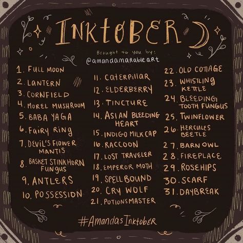 Drawing List, Inktober Prompts, Inktober Ideas, Draw Challenge, 30 Day Art Challenge, Spooky Vintage, Drawing Challenges, 30 Day Drawing Challenge, Prompt List