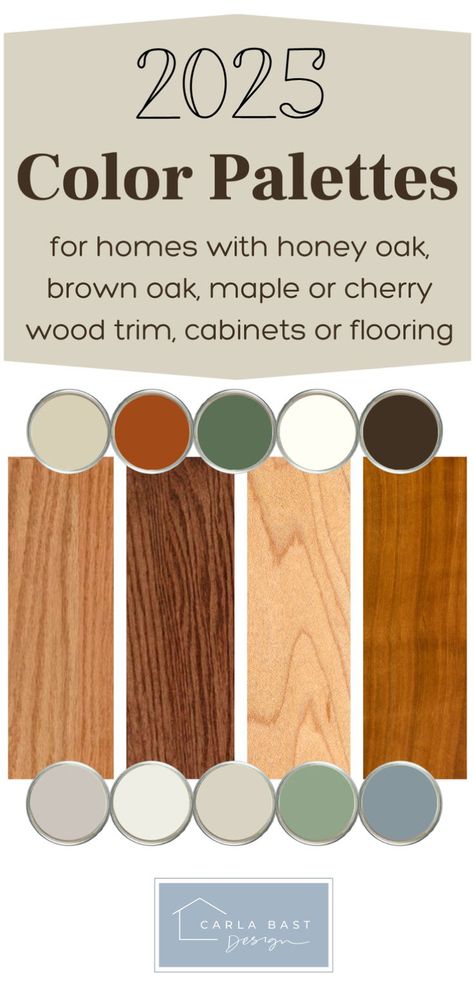 Paint color palettes for homes with oak, cherry, or maple cabinets or trim Hickory Color Palette, Wood Color Combination Living Rooms, Kitchen Paint Colors With Red Oak Cabinets, Paint With Honey Oak Floors, Wall Colors For Brown Floors, Paint Colors That Go With Orange Wood, Paint Colors To Tone Down Orange Wood, Honey Oak Color Palette, Warm Neutrals Color Palette