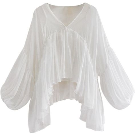 Choies White V-neck Layered Bubble Sleeve Chiffon Blouse ($29) ❤ liked on Polyvore featuring tops, blouses, shirts, white, white chiffon blouse, v-neck shirts, layering shirts, layered tops and v neck blouse Flowy White Shirt, White Flowy Blouse, Loose White Blouse, White Flowy Shirt, Sleeve Shirt Outfit, White Chiffon Tops, Layering Shirts, Asymmetric Blouse, White Chiffon Blouse