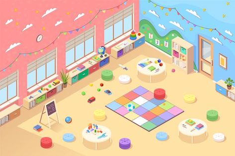 Isometric kindergarten room or playroom ... | Premium Vector #Freepik #vector #baby #kids #cartoon #table Kindergarten Reading Books, Table Cartoon, Playroom Table, Kindergarten Interior, Kids Going To School, Kids Reading Books, Girl Reading Book, Vector Elements, Kids Vector