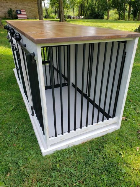 Dog Kennel Entertainment Center, Kennel Entertainment Center, Double Dog Kennel, Custom Dog Kennel, Double Dog Crate, Dog Kennel Furniture, Diy Dog Kennel, Bluetick Coonhound, Interior Sliding Barn Doors