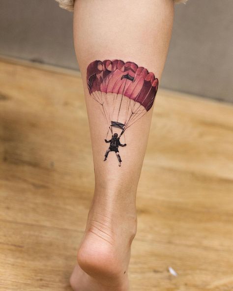 parachute. #tattoos #tattooed #tattoo #thebesttattooartists #art #beijing #ink #tattoos #tattooed #inkedmag #instagram @instagram #chinese… Parachute Tattoo, Atom Tattoo, Calf Tattoo Men, Pisces Tattoo Designs, Skulls Tattoo, Tattoos Pictures, Pisces Tattoos, Cool Tattoos For Guys, Calf Tattoo