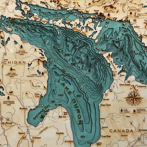 Explore the Underwater Topography of North American Lakes with these Laser Cut Wood Maps by Below the Boat Wood Map Art, Topography Map, Map Graphic, 3d Cnc, Wooden Map, Wood Map, Colossal Art, Topographic Map, Design Typography