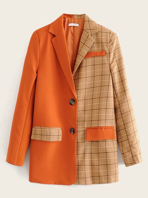 Two Tone Button Front Plaid Blazer | SHEIN USA Womens Plaid Suit, Mantel Outfit, Plaid Suit Jacket, Orange Suit, Ladies Blazer, Blogger Design, Plaid Suit, Elegante Casual, Checked Blazer