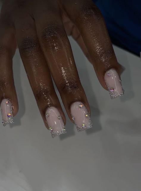 Medium Chrome French Tip Nails, Sparkle French Tip Nails Square, Light Pink And Silver Nails Prom, Silver French Tip Pedicure, Sparkly Biab Nails, Glitter French Tips Acrylics Short, Jeweled French Tip Nails, Shorties Acrylic Nails Square Design, Silver Prom Nails Short