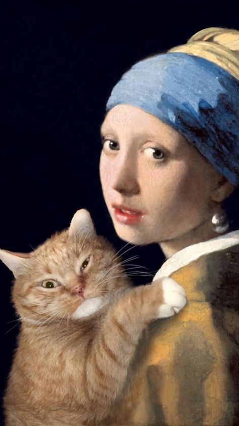 Pearl Earring Painting, Earring Painting, Iconic Girl, Kingfisher Painting, Girl With A Pearl Earring, Art Jokes, Art Parody, Silly Cats Pictures, Cat Artwork